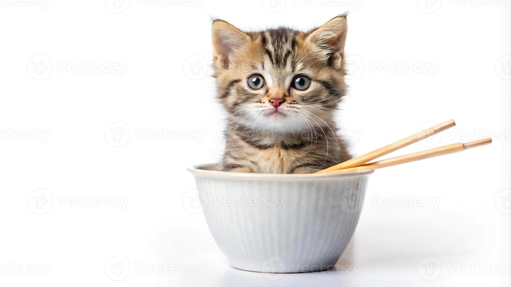 Kawaii noodles cup with cute kitten held by chopsticks on white background photo