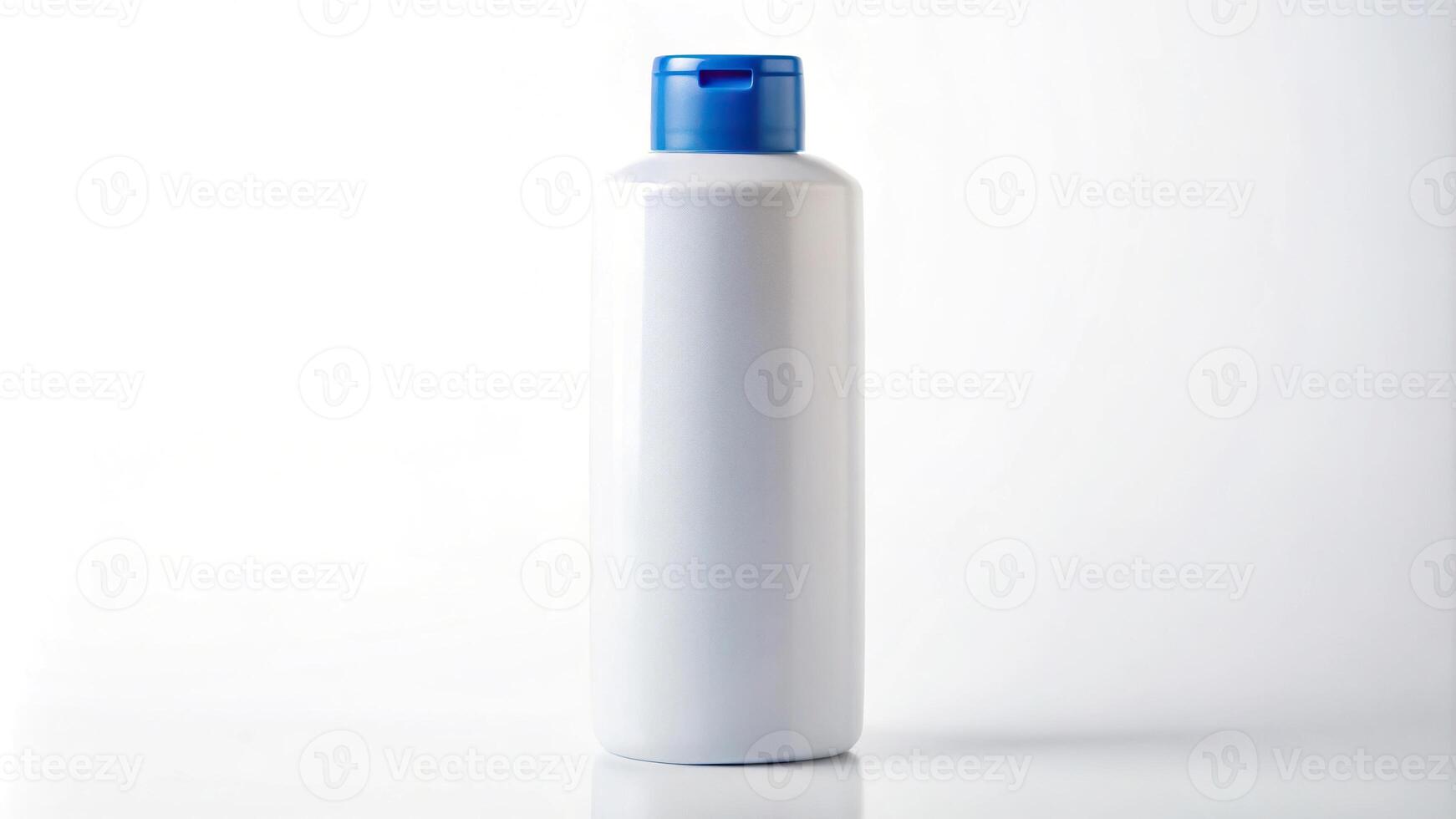 Long shot of white shampoo bottle with blue cap on white background photo