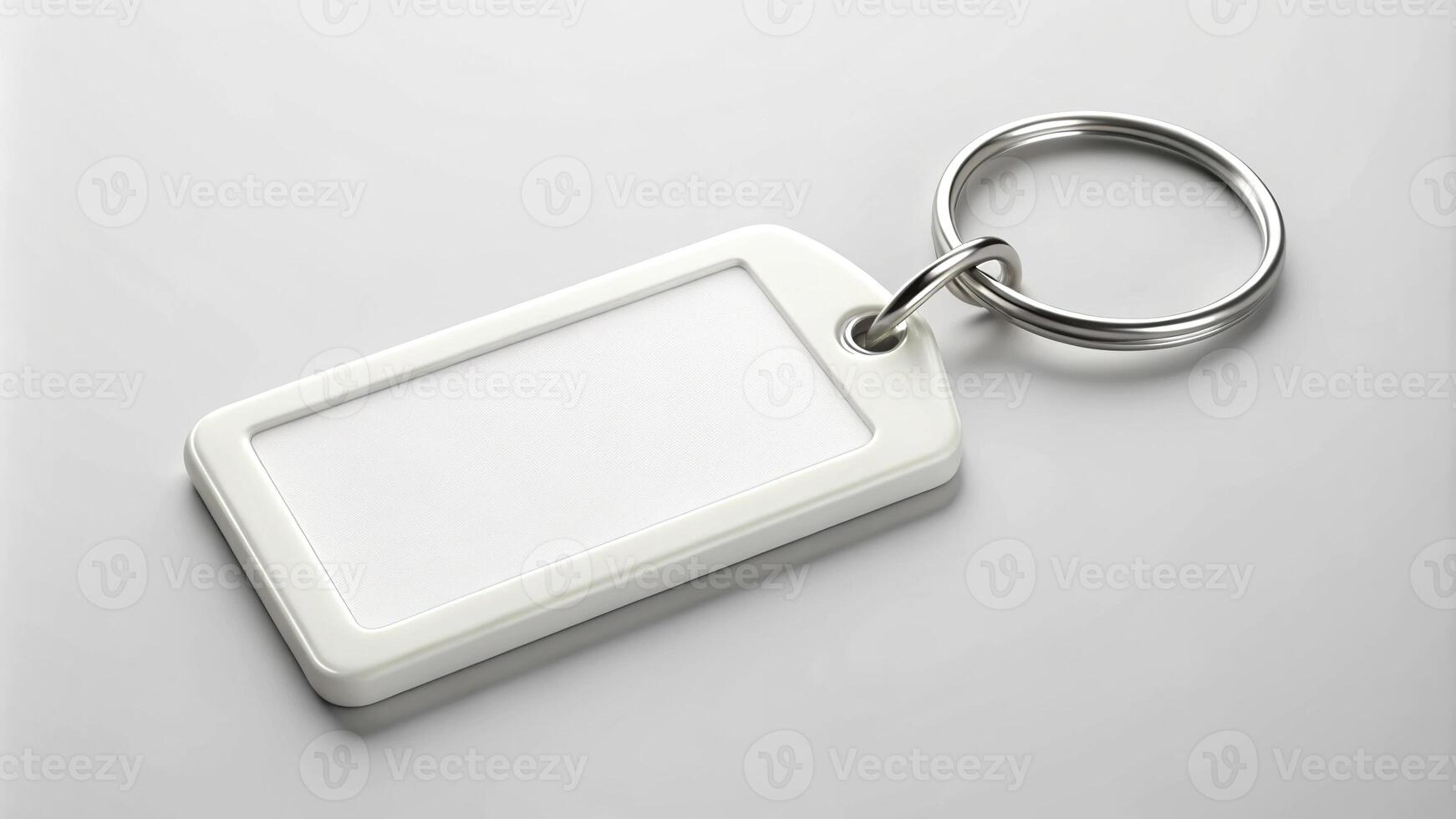 Keychain with blank plastic label on white background mockup photo