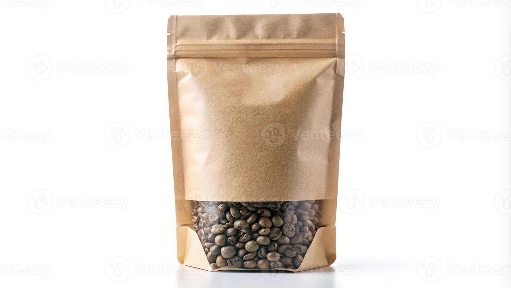 Low angle kraft paper doypack stand up pouch with window zipper filled with coffee beans on white background photo