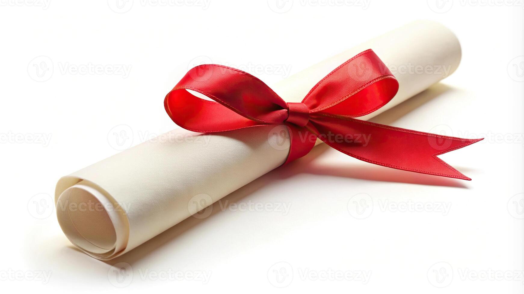 Low angle view of elegant diploma scroll with red ribbon on white background photo