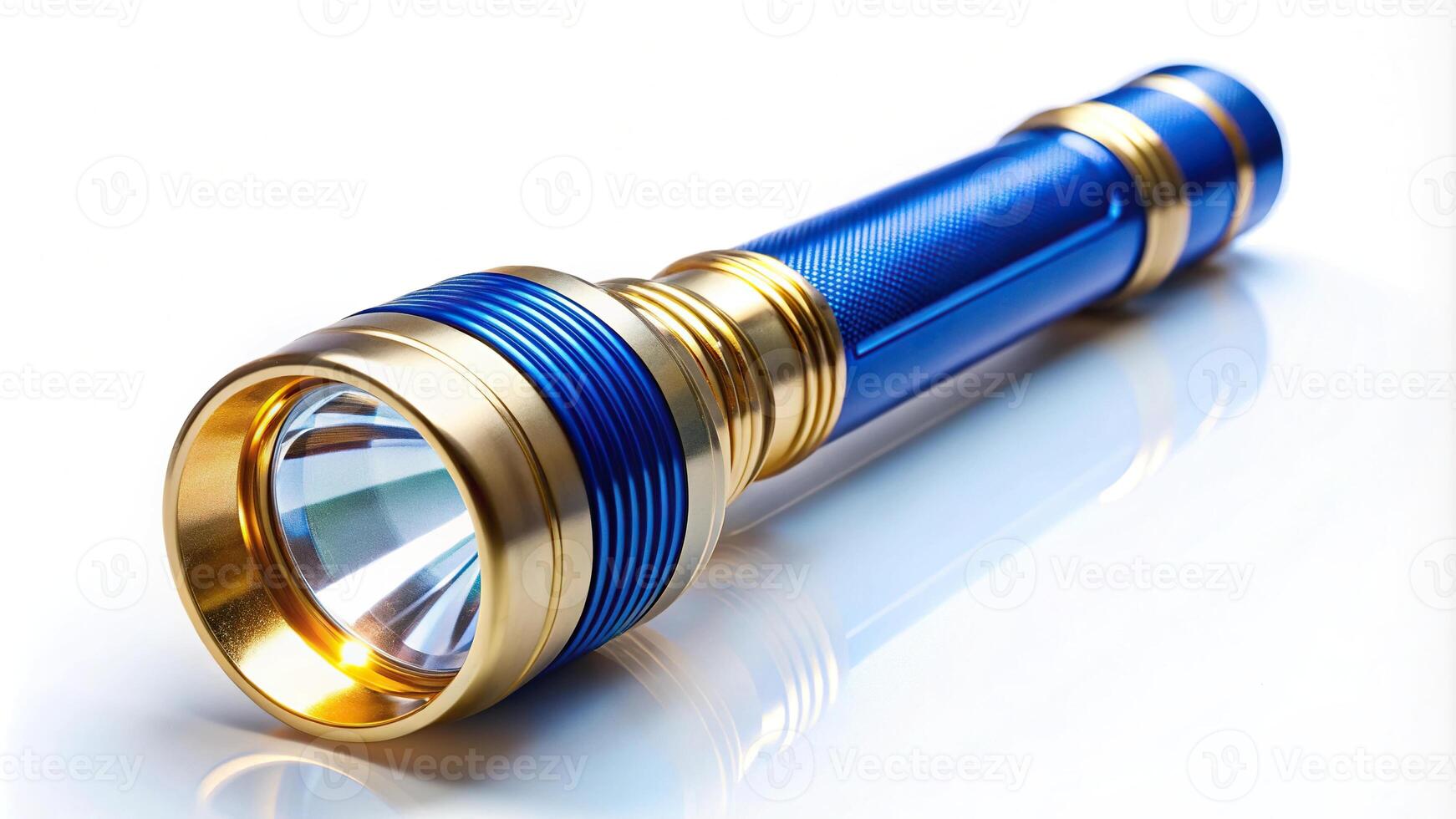 Long shot on white background with blue and gold accents and flashlight photo