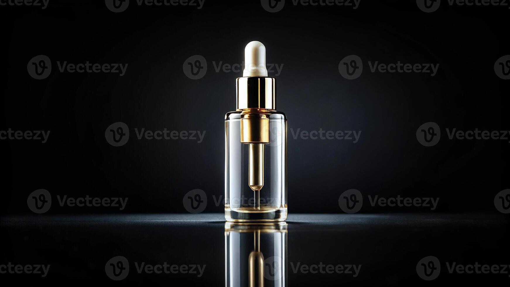 Luxurious serum cosmetic bottle on black mirror surface photo