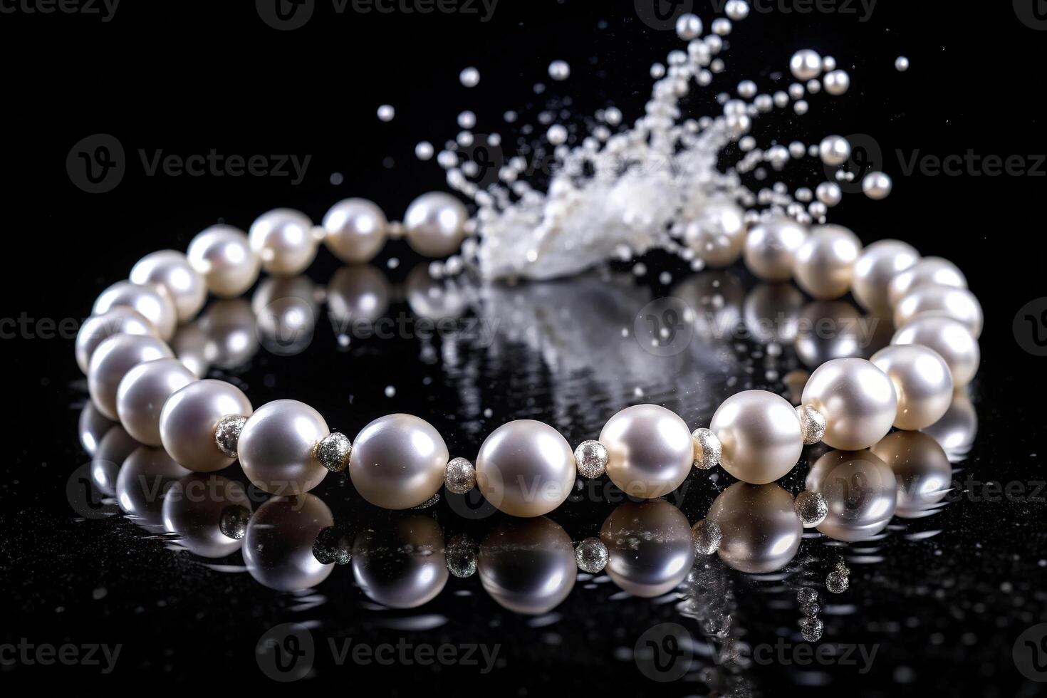 Luxury white pearl necklace on black background with silver splashes photo