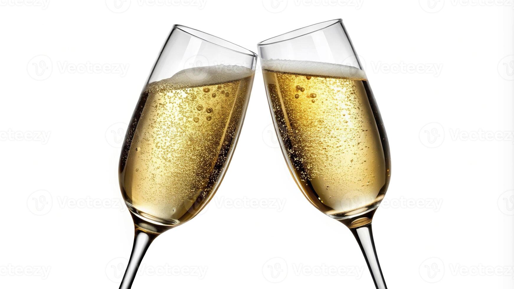 Macro champagne glass cheers toasting isolated on white background photo