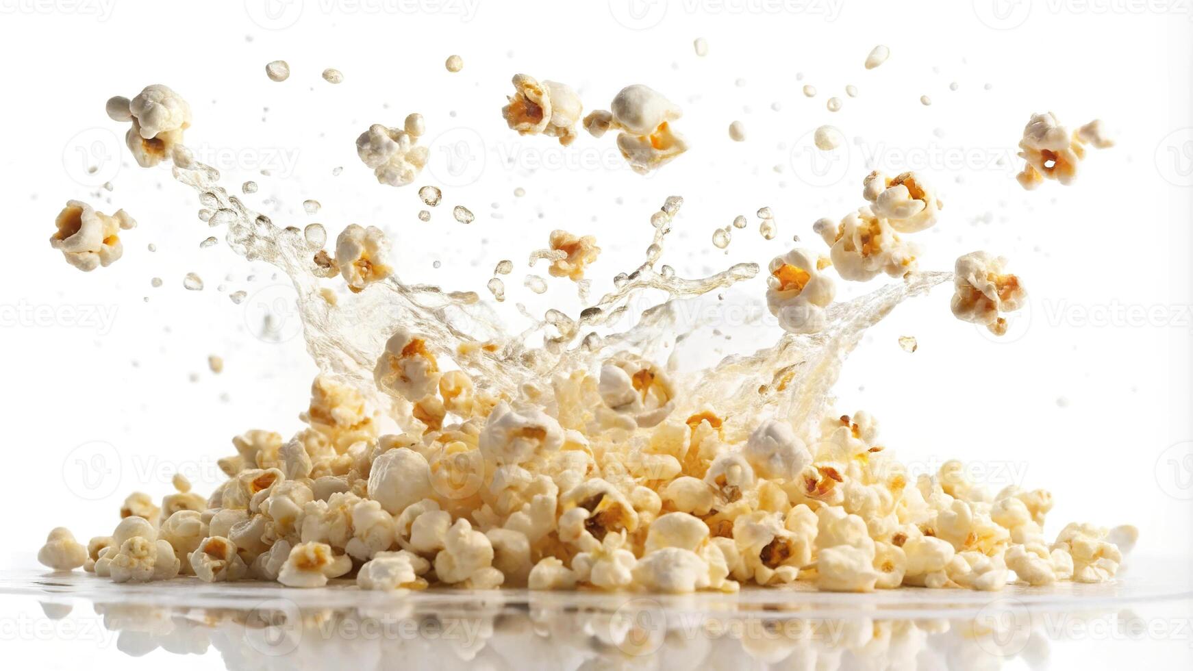 Macro close up of falling popcorn creating a splash on a white background photo