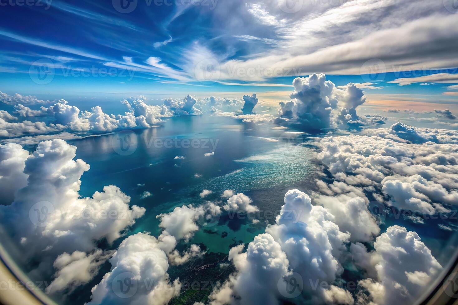 Medium shot of clouds over the ocean from a plane window photo
