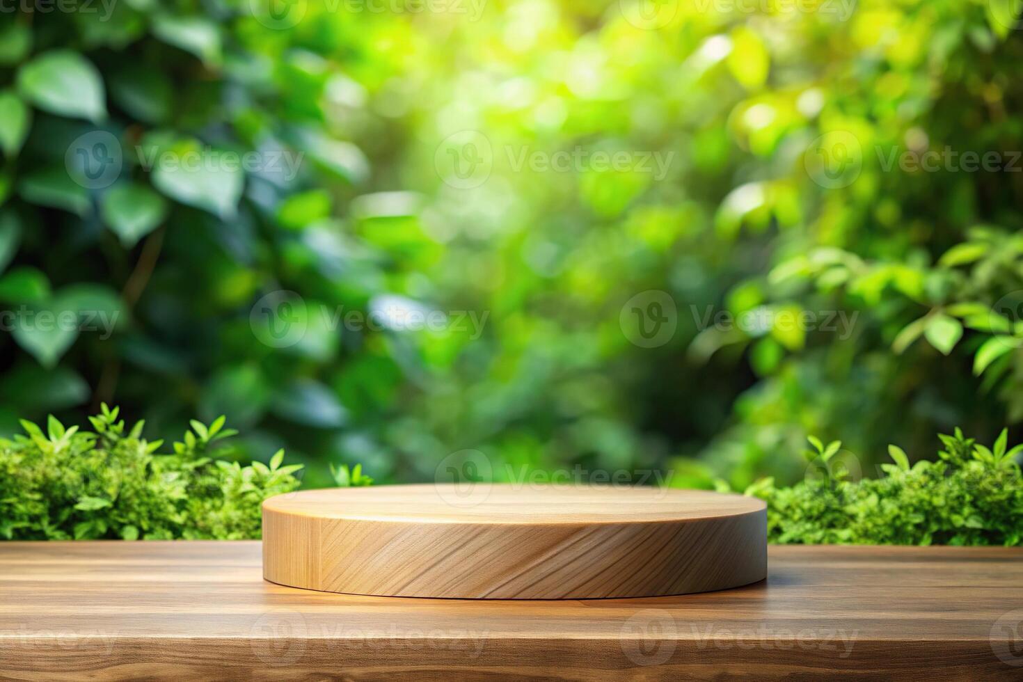 Macro wooden podium surrounded by lush greenery background photo