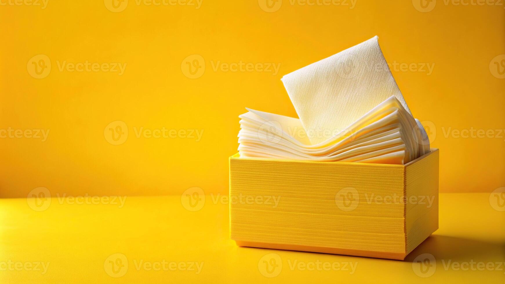 Macro yellow box with paper napkins on yellow background photo