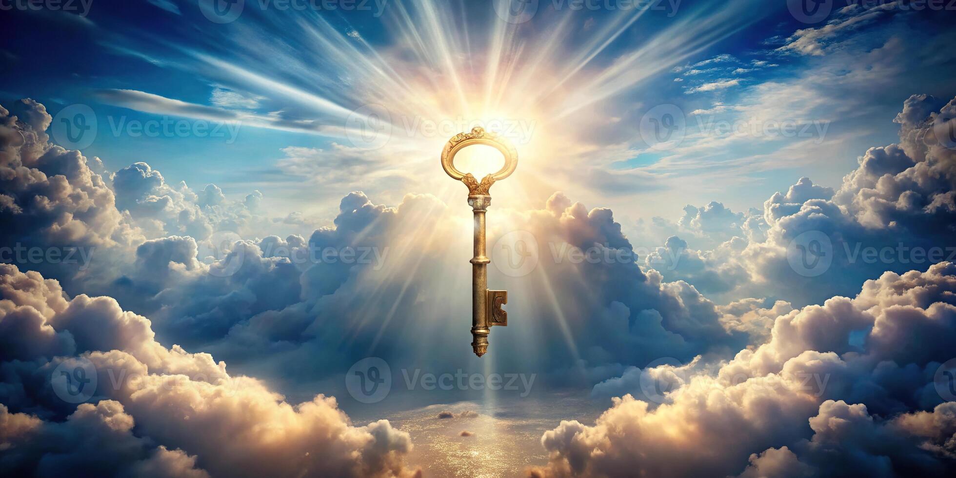 Magical key portal in the sky with copy space, eye level view photo