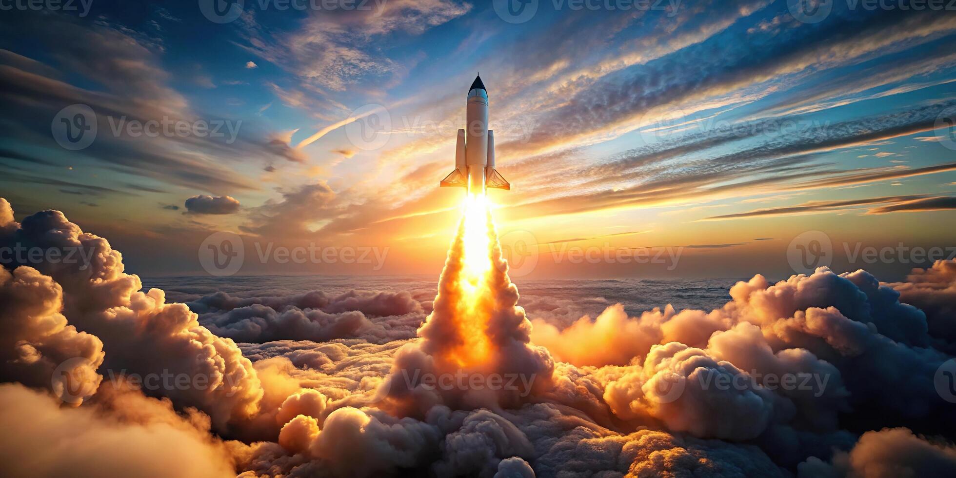 Macro rocket launching through clouds at sunrise photo