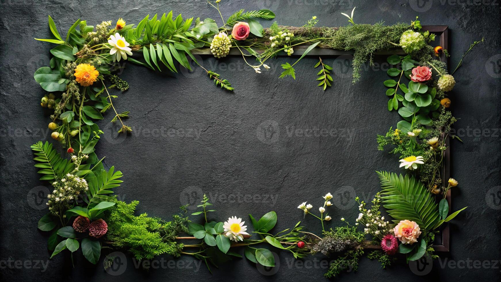 Medium shot of greenery and flowers on textured black background with copy space photo