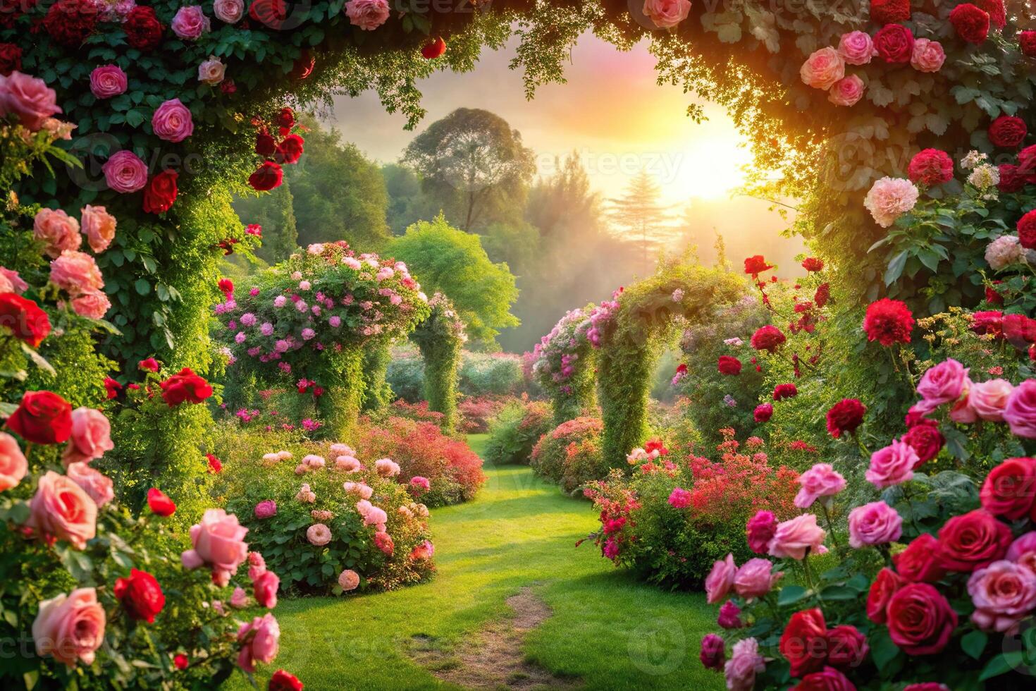 Magical rose garden with aerial view photo