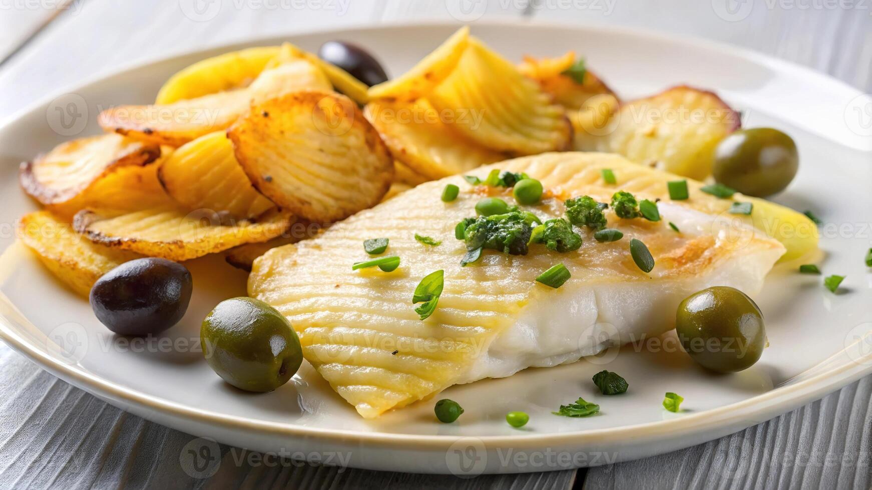 Macro close-up of codfish with potato chips and olives on a white plate photo