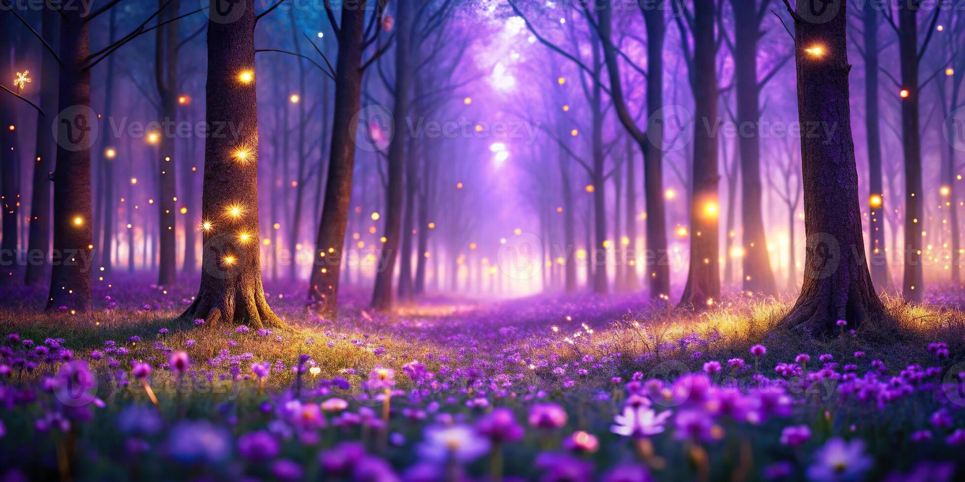 Magical purple forest with glowing flowers photo