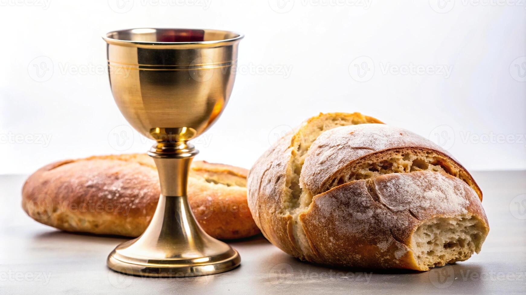 Macro close-up of holy communion chalice with wine and bread isolated on white background photo