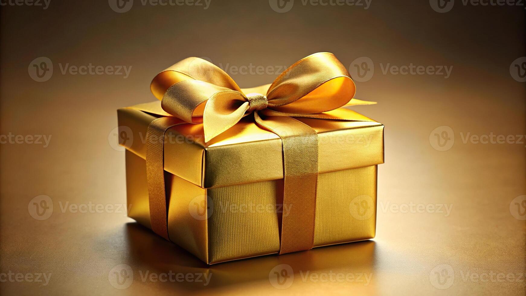 Medium shot of gold gift box present with golden ribbon photo