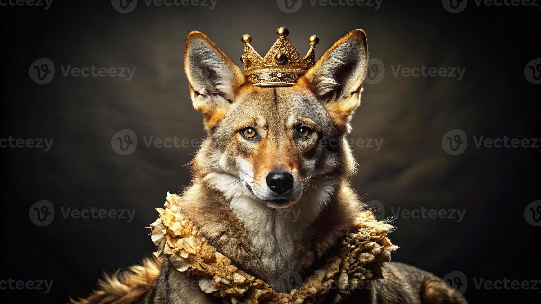 Luxurious coyote in crown and golden attire from high angle photo