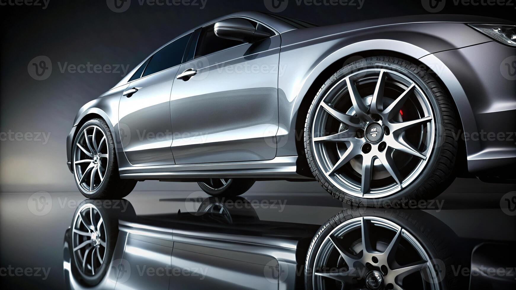Medium shot of polished wheels reflecting silver and black light photo