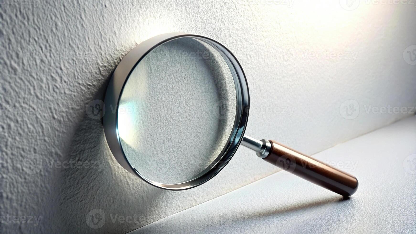 Magnifying glass leaned against white wall with shadow in fisheye perspective photo