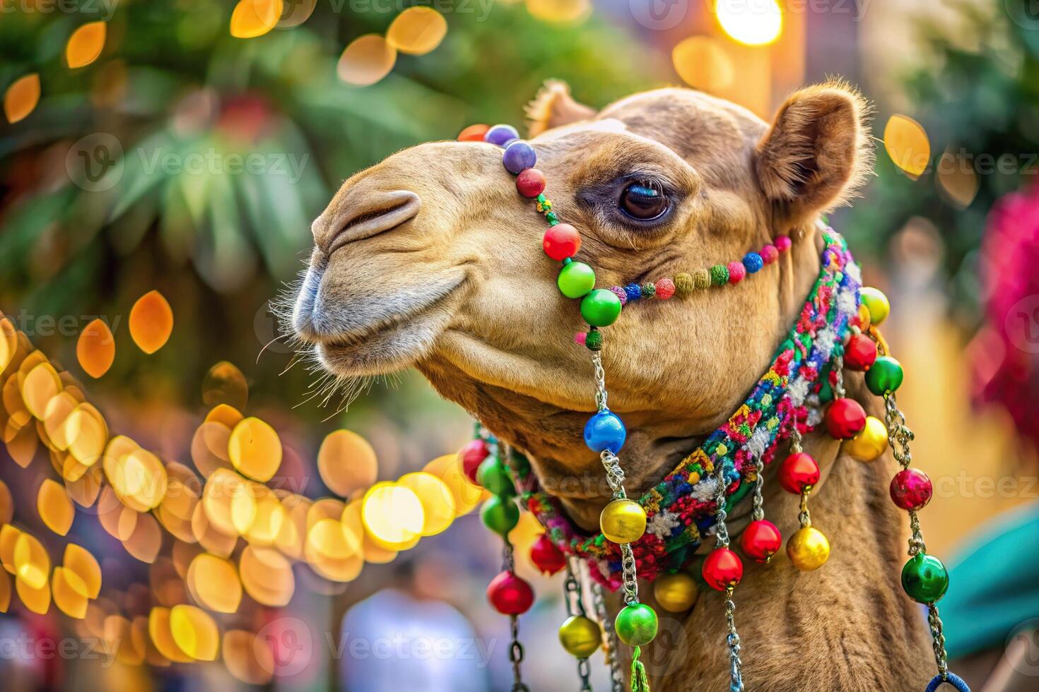 Macro shot of a celebratory camel pet camel adding charm to the festive ambience of Eid al Adha photo