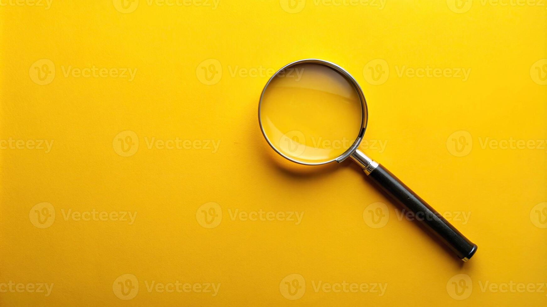 Magnifying glass on yellow background with copy space, asymmetrical composition photo