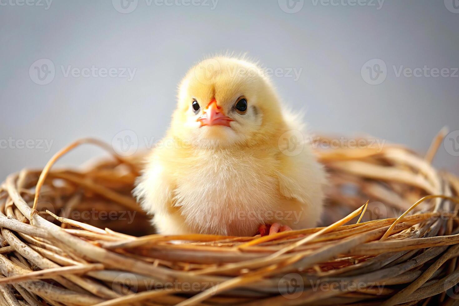 Macro shot of a chubby chick silhouetted in her nest against an Easter background photo