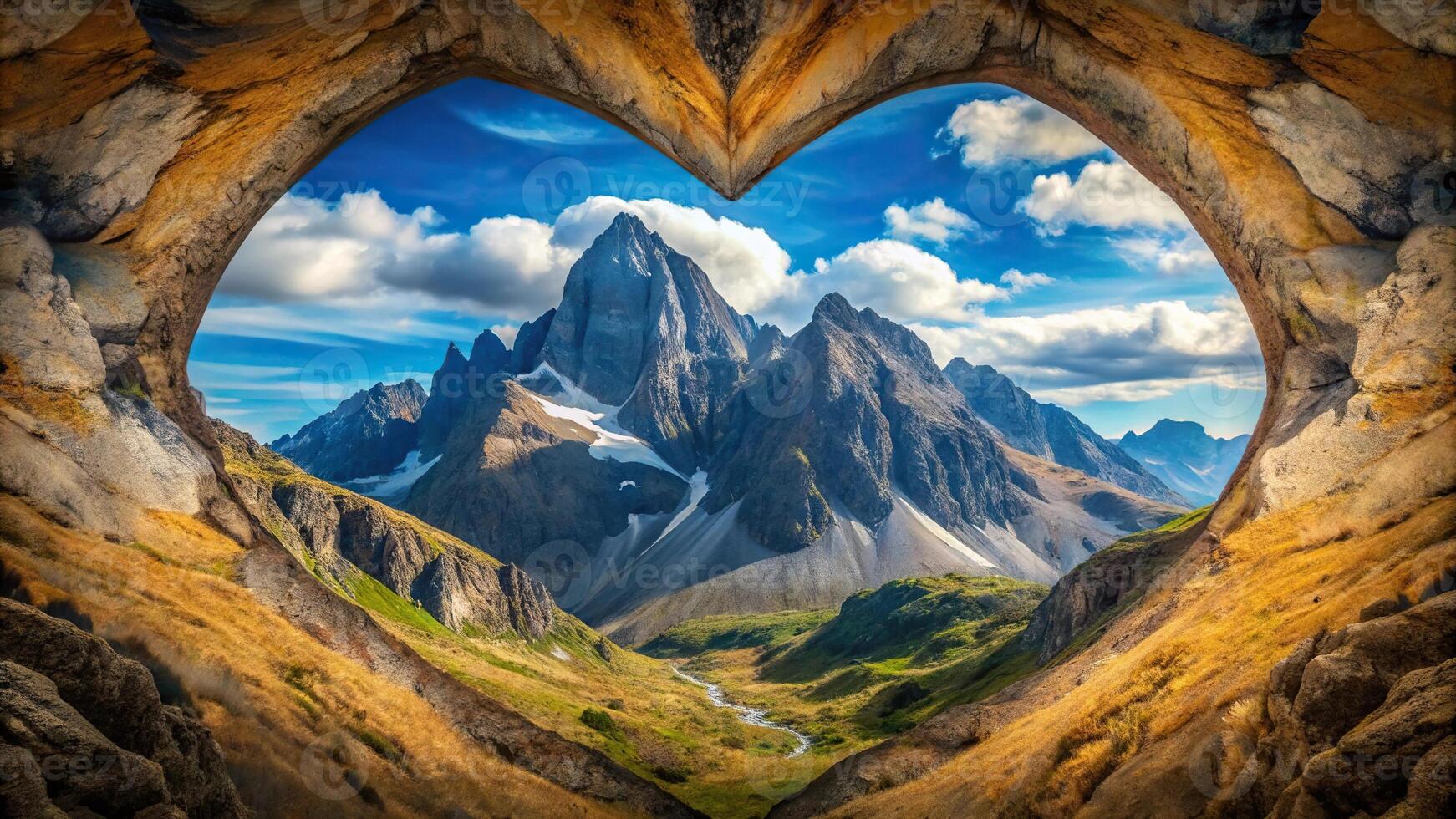 Majestic heart shaped mountain in rugged mountain range photo