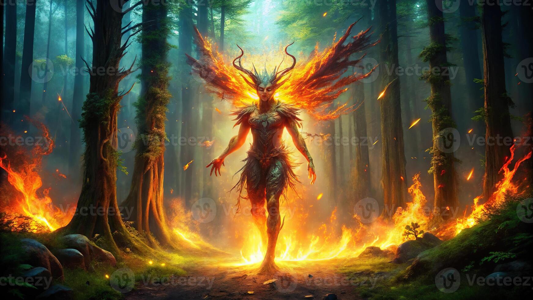 Majestic fiery mystical creature in enchanted forest photo
