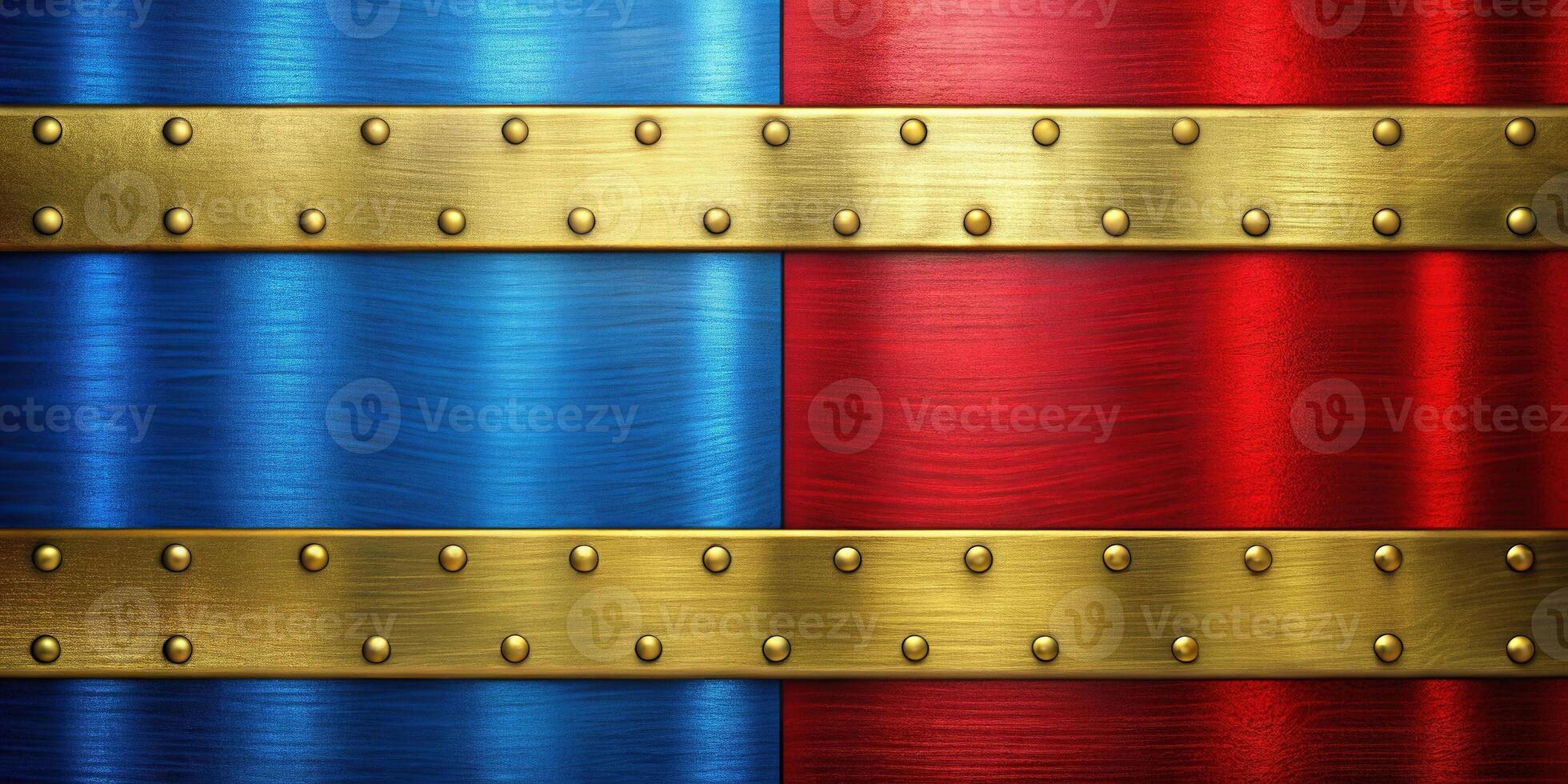 Macro abstract background with red, blue, and gold metal textures featuring golden rivets. photo