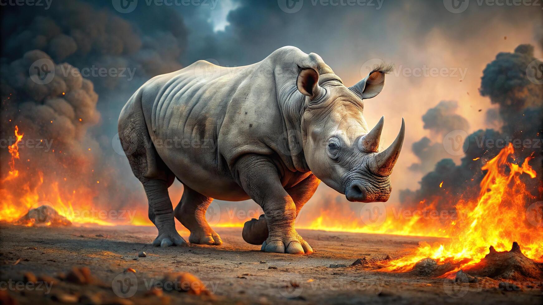 Majestic Javan rhino in burnt landscape photo