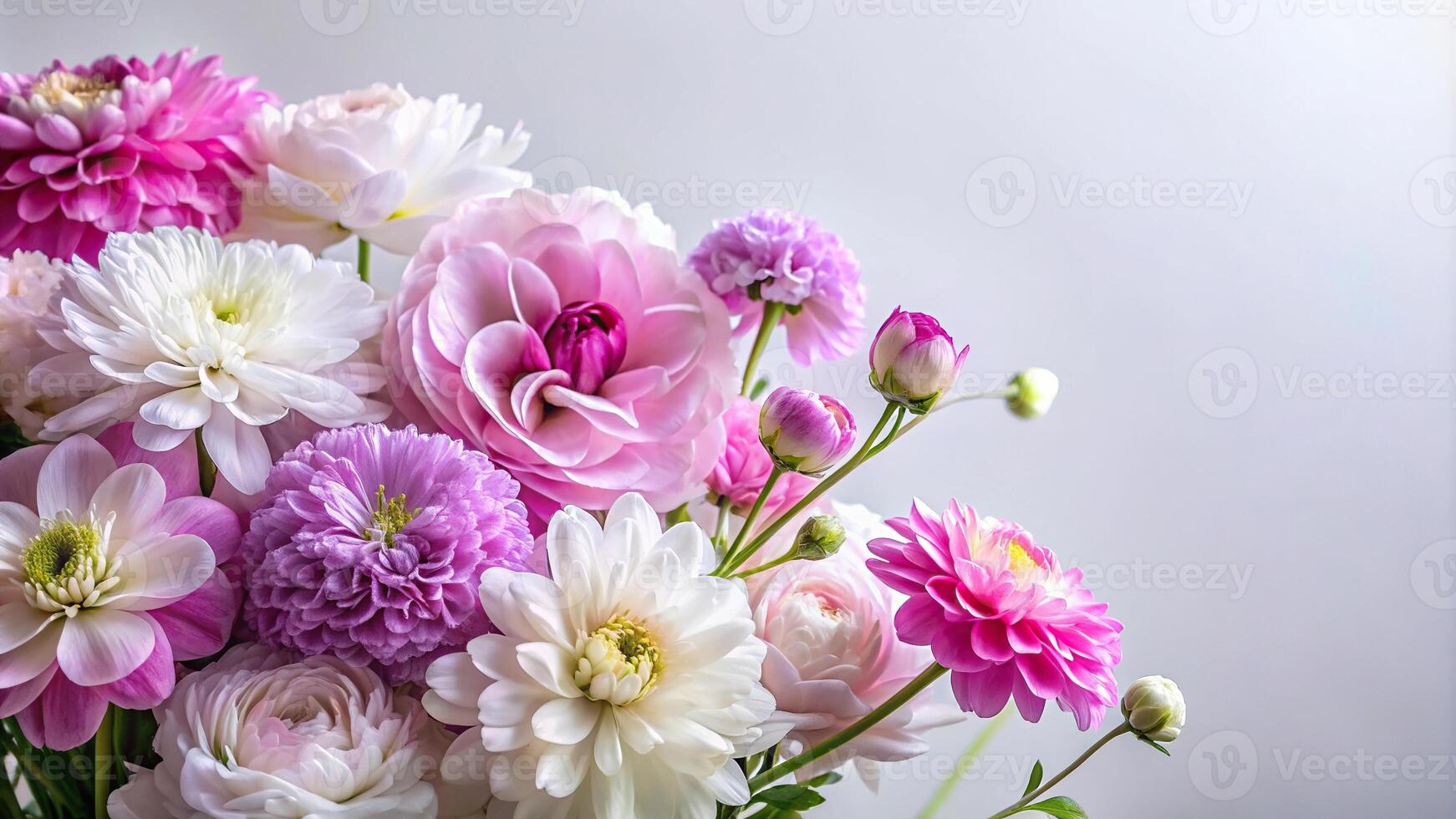 Medium shot of white, pink, and purple soft flowers on blank background with copy space. Small blossom bouquet in spring photo