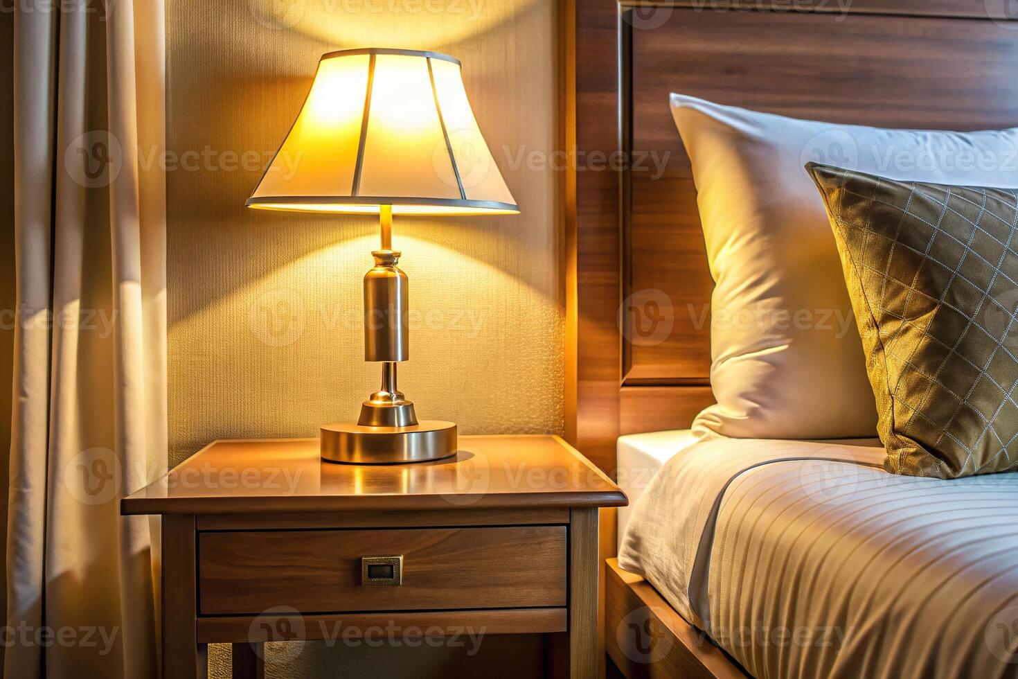 Luxurious hotel bedside table with warm light illuminating the lamp photo