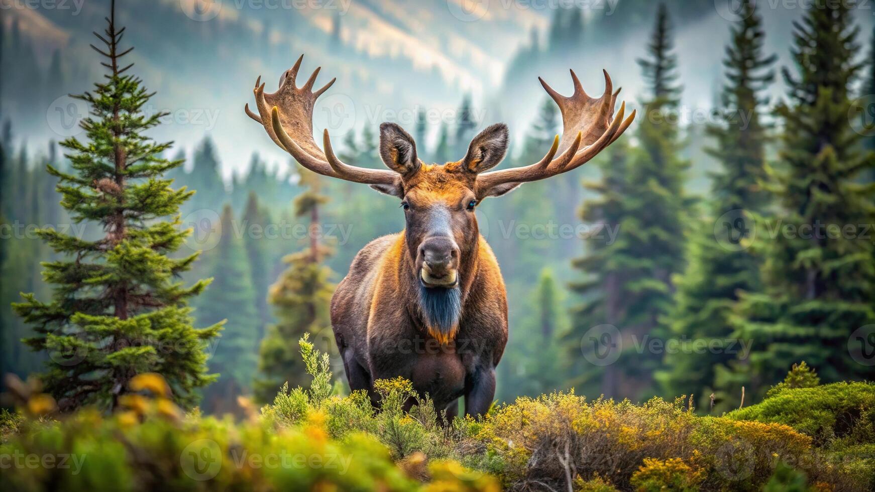 Majestic moose in the wilderness seen from a worm's eye view photo