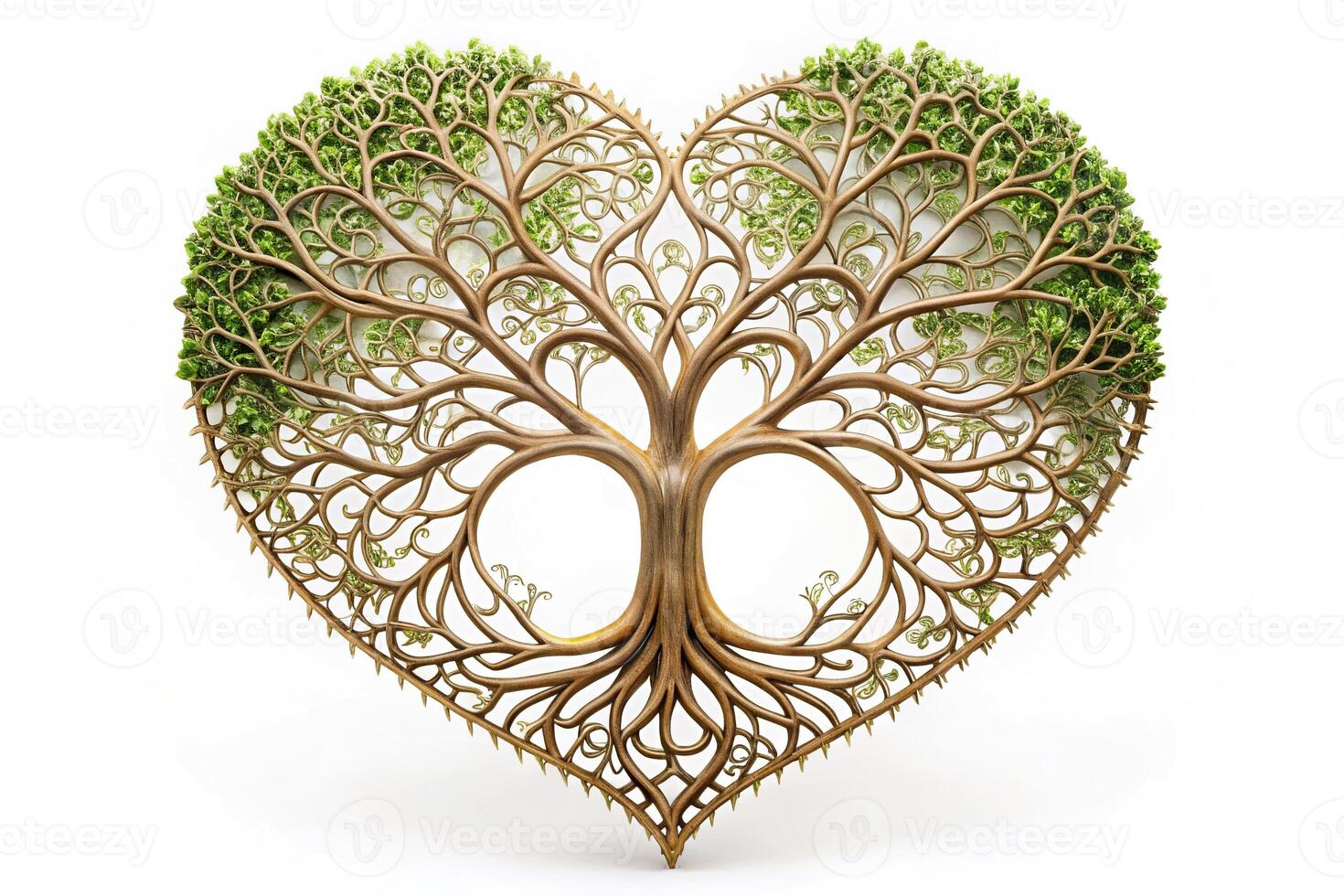 Macro heart shaped tree of life with intricate Valentine leaves on white background photo