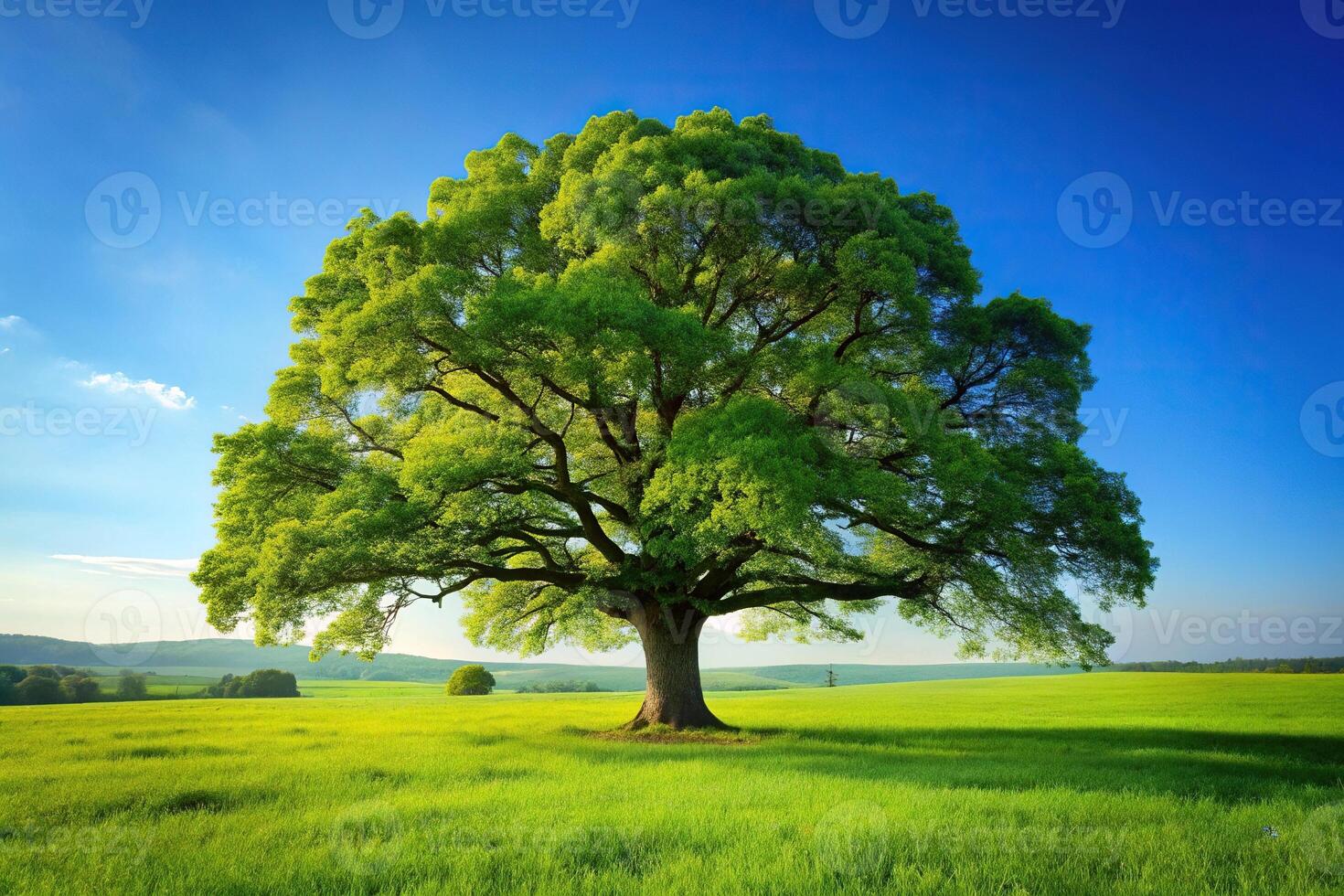 Majestic oak tree standing in sunlit meadow with clear blue sky and lush green grass from high angle view photo