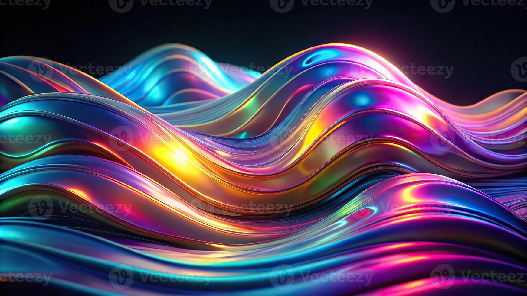 Macro holographic neon fluid waves abstract background with iridescent glow on black photo