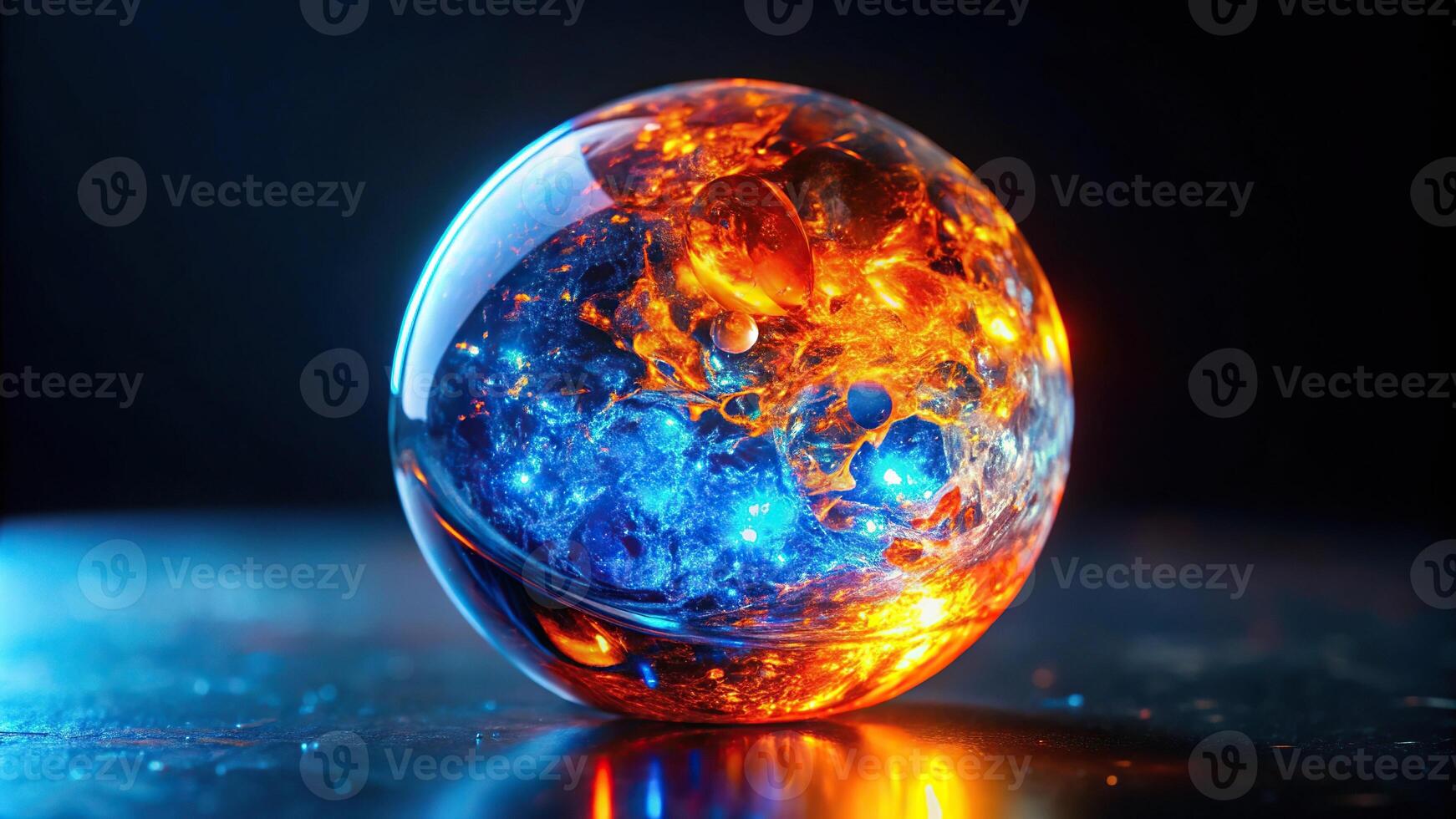 Macro illuminated glowing blue orange glass stone crystal sphere on dark background photo