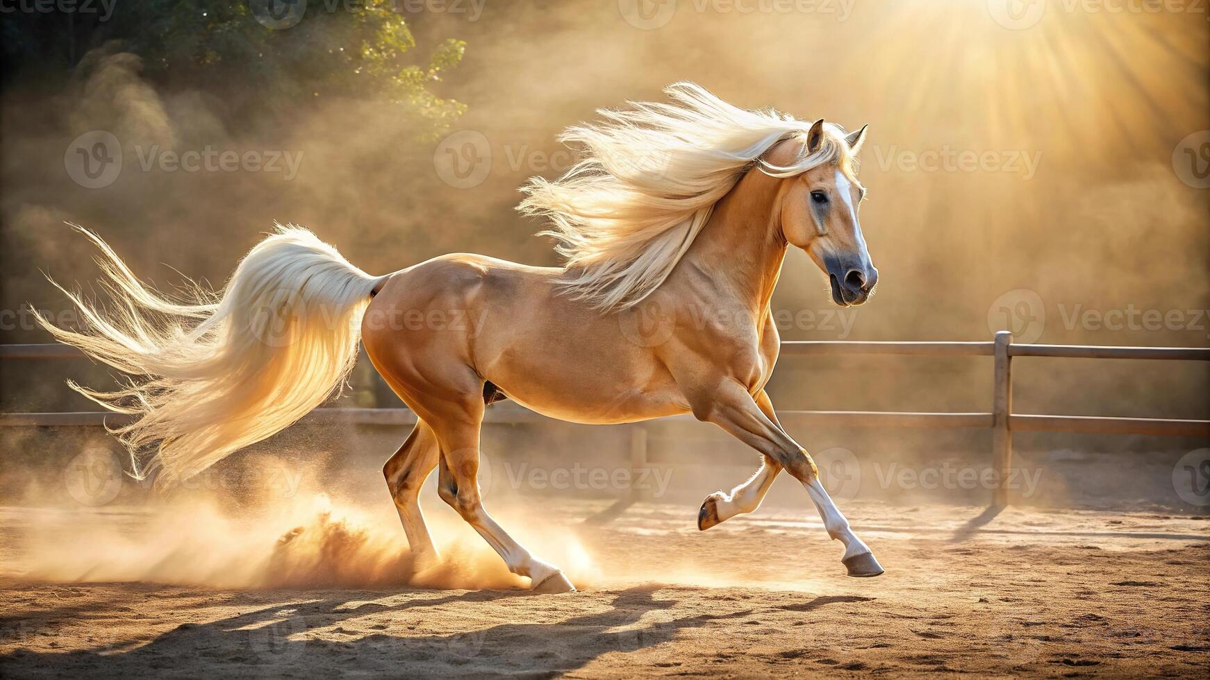 Majestic palomino horse with flowing silver mane galloping in sunlit dusty arena seen from bird's eye view photo