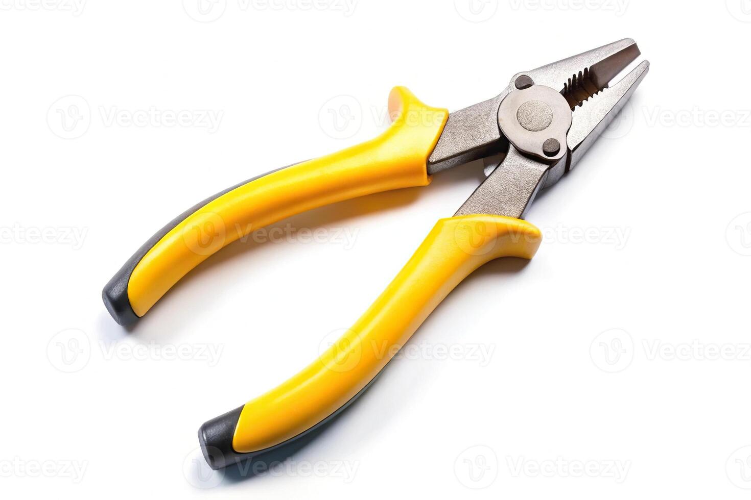 Pair of yellow pliers on white background, asymmetrical photo