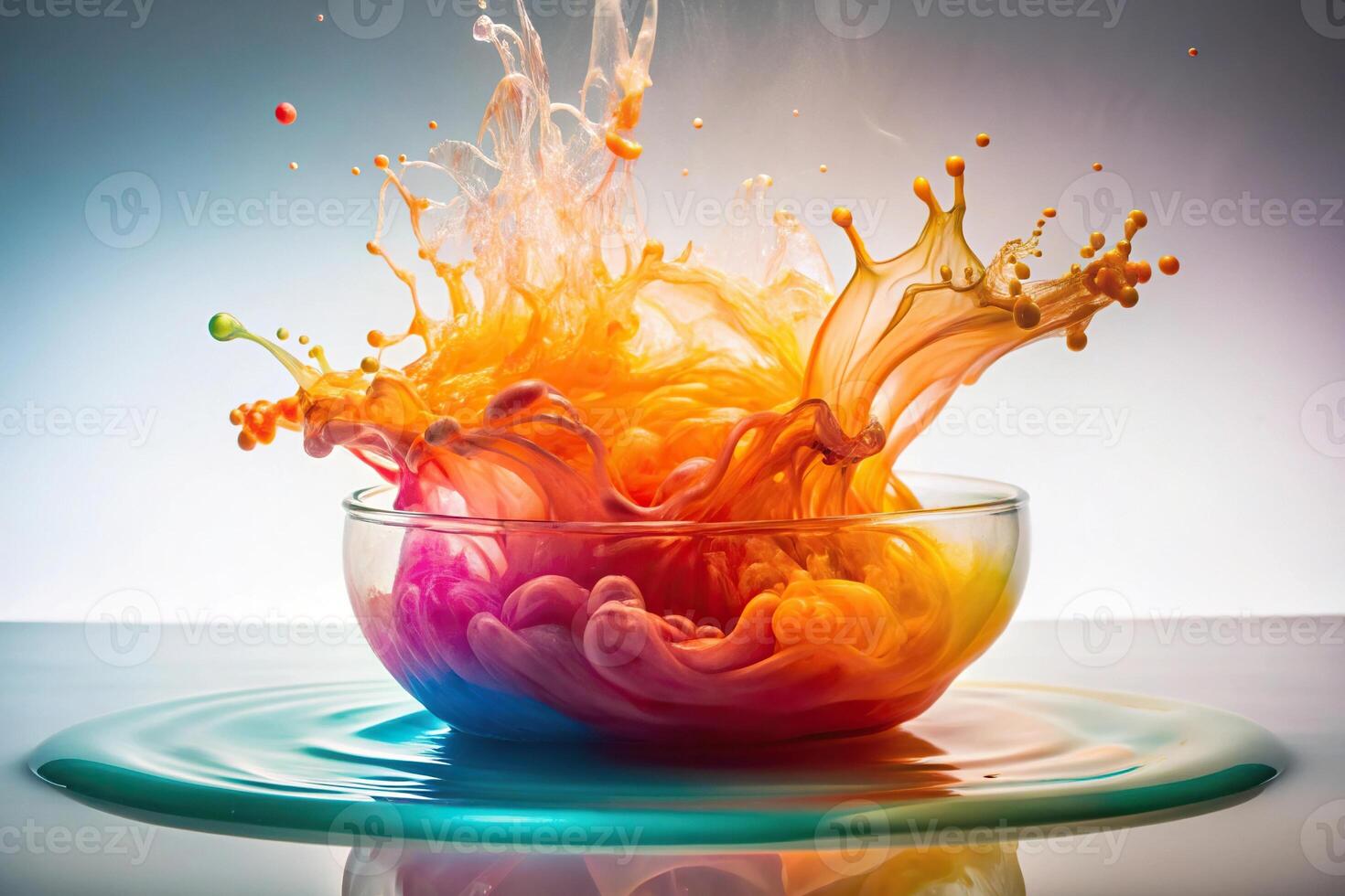 Macro peach splash in water with colorful ink cloud underneath photo