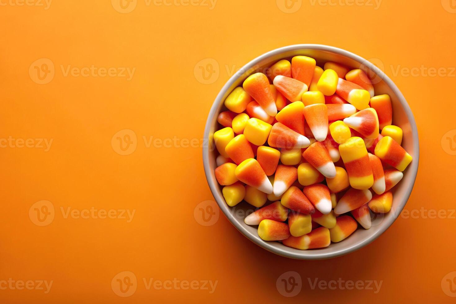 Photograph of a bowl filled with candy corn placed on an orange background with empty space for text photo