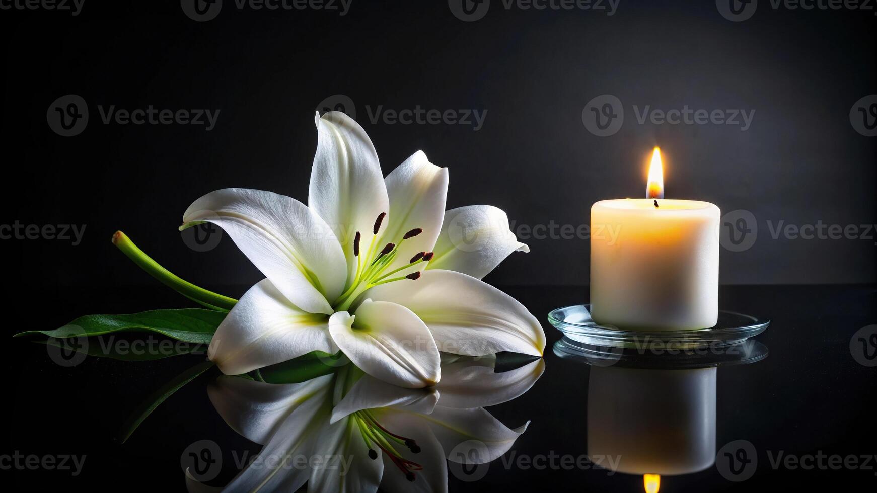 Photo of white lily and candle on black background with copy space, asymmetrical