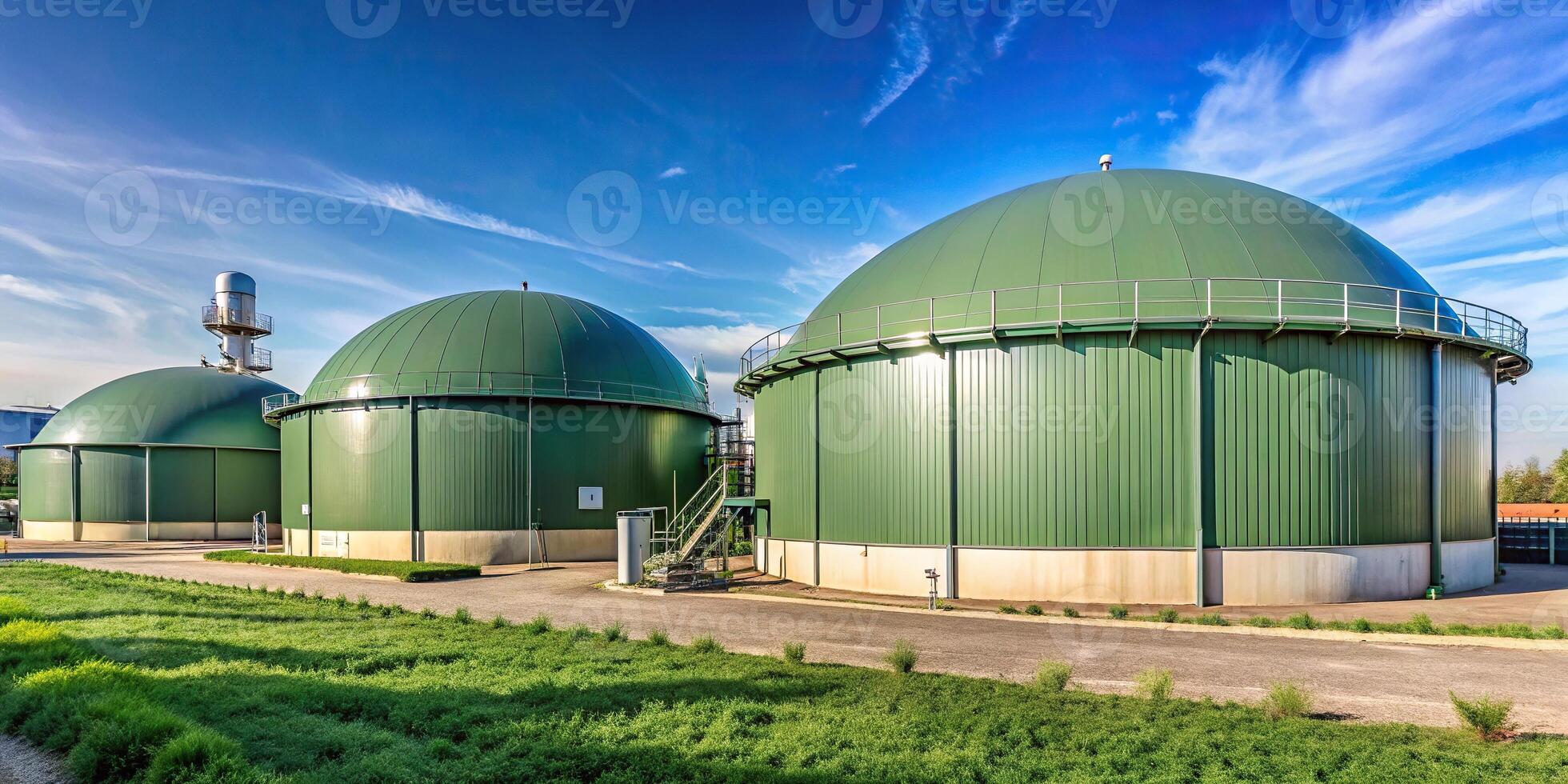 Panoramic biogas plant using tanks and pipes for waste to energy conversion photo