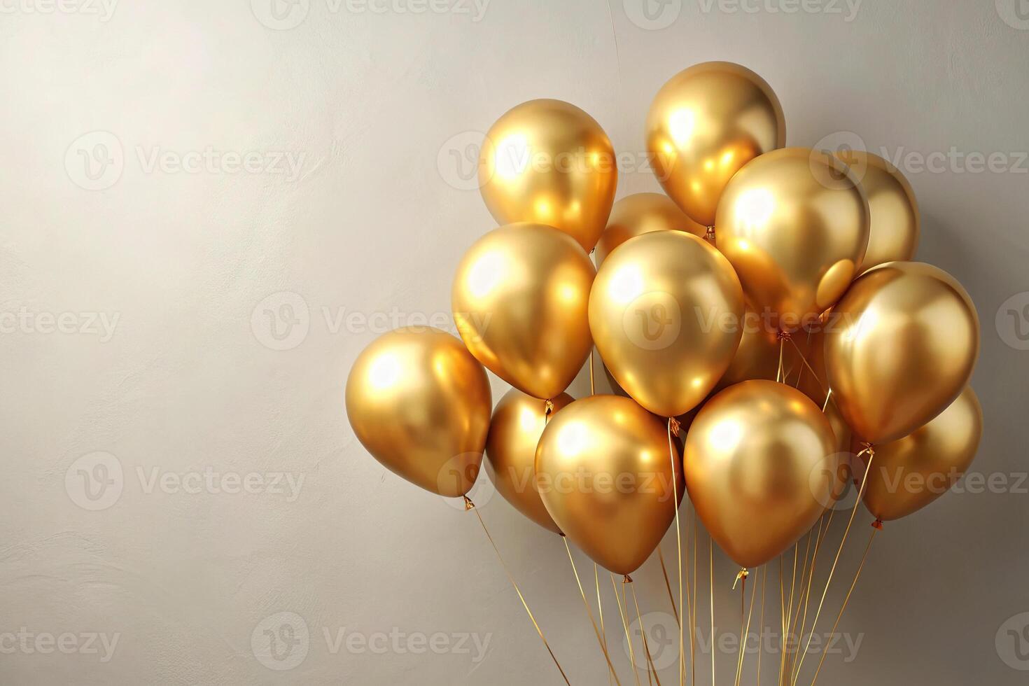 Panoramic view of golden balloons against neutral backdrop with copy space photo