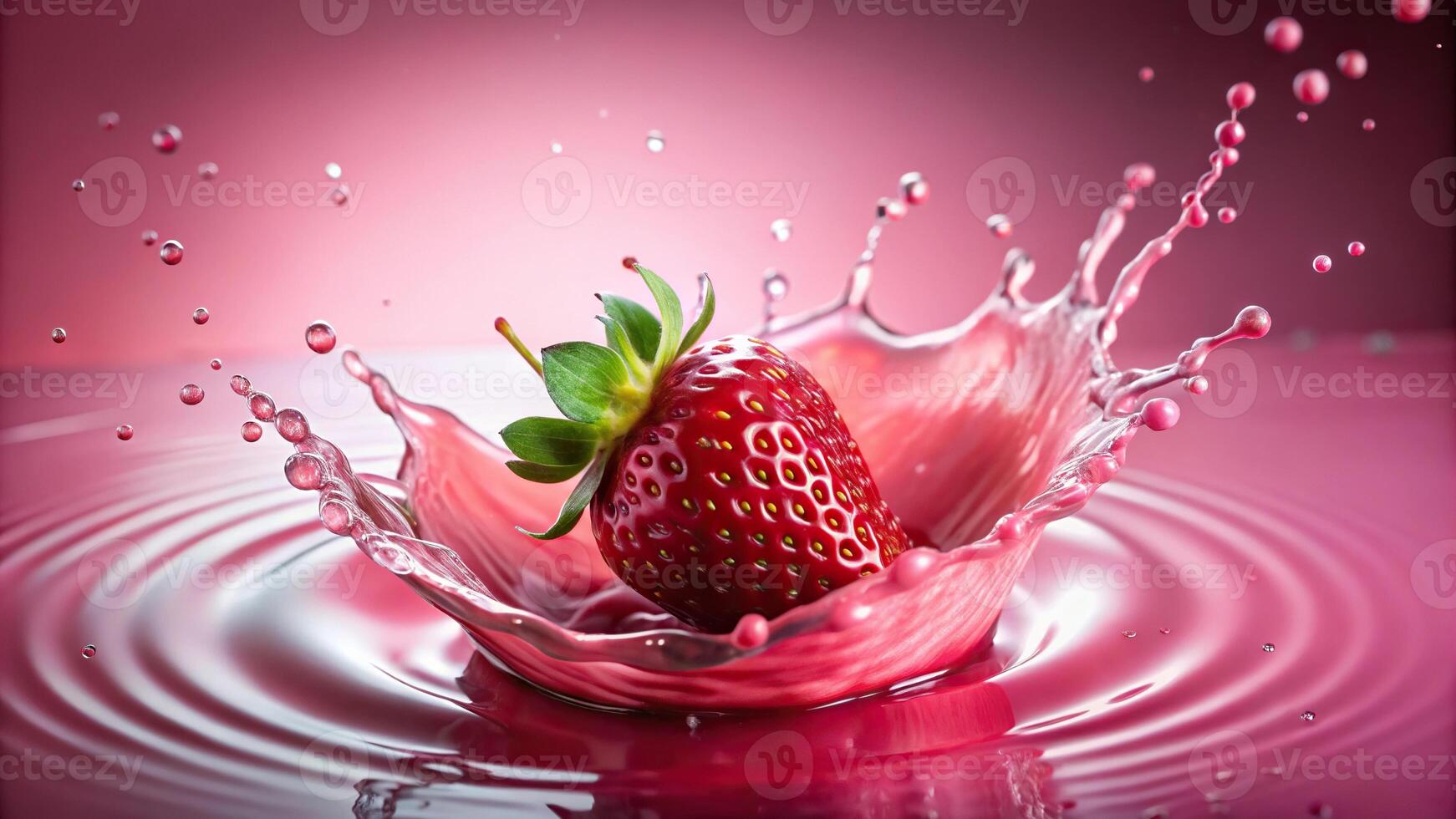 Pink liquid splash with strawberry photo