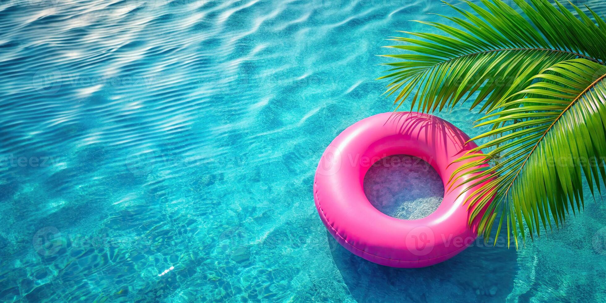 Pink inflatable ring on blue sea water with palm tree leaves and copy space photo