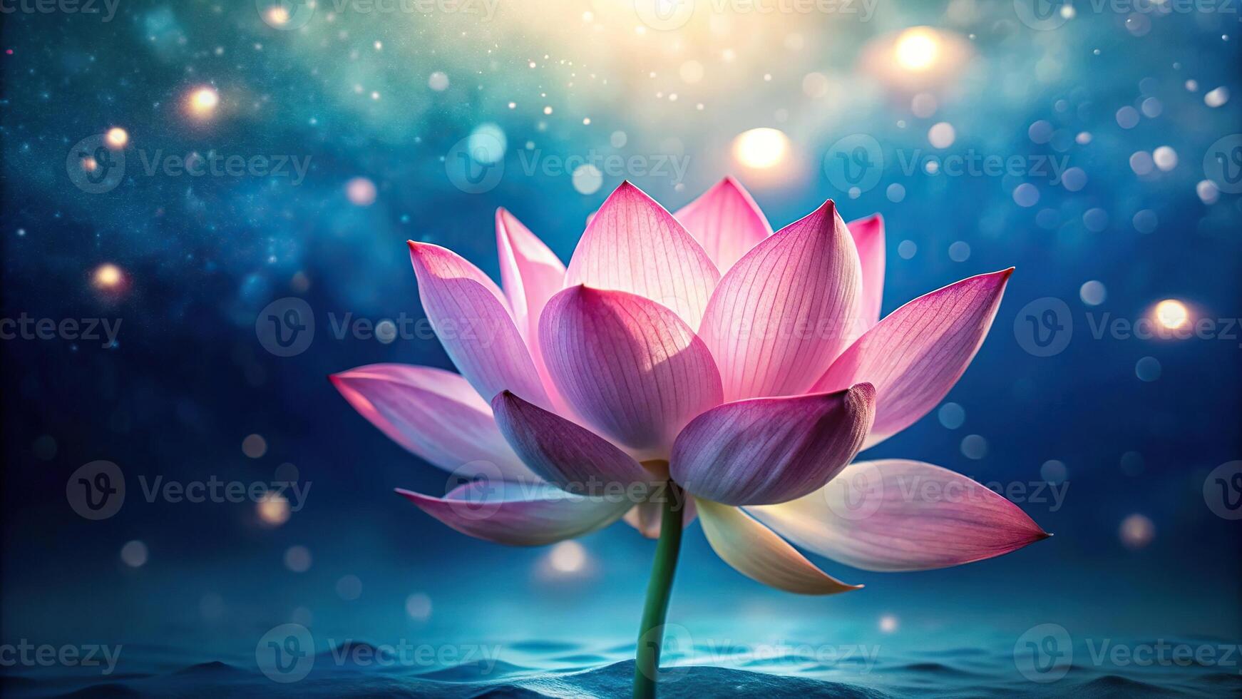 Pink lotus flower on dreamy blue background with tilted angle photo