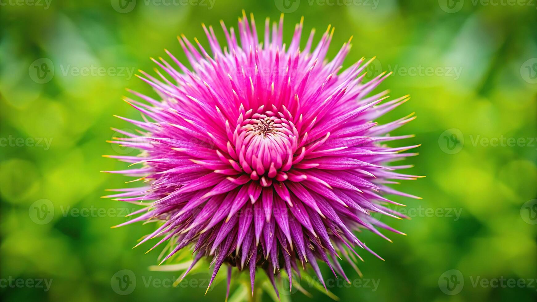 Pink milk thistle flower in focus against blurry green background photo