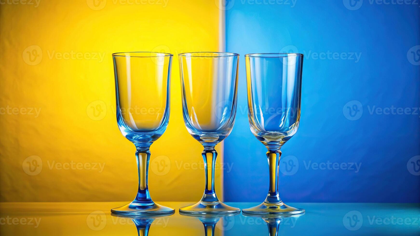 Panoramic glass goblets on blue and yellow background photo